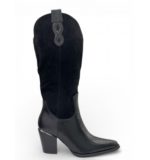 Μπότες Cowboy με Συνδυασμό Υφών & Μεταλλική Λεπτομέρεια - Μαύρο