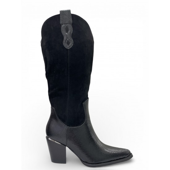 Μπότες Cowboy με Συνδυασμό Υφών & Μεταλλική Λεπτομέρεια - Μαύρο