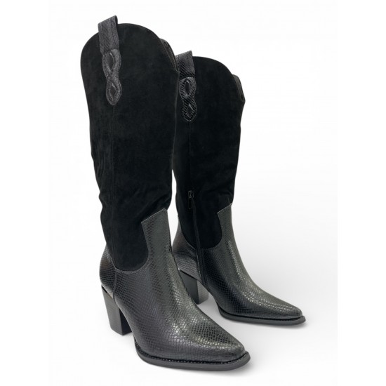Μπότες Cowboy με Συνδυασμό Υφών & Μεταλλική Λεπτομέρεια - Μαύρο