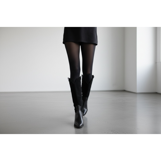 Μπότες Cowboy με Συνδυασμό Υφών & Μεταλλική Λεπτομέρεια - Μαύρο