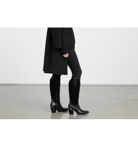 Μπότες Cowboy με Συνδυασμό Υφών & Μεταλλική Λεπτομέρεια - Μαύρο