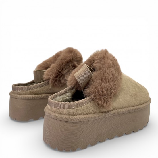 Γυναικείες Παντόφλες Πλατφόρμες με Γούνα & Λάστιχο–Μπέζ