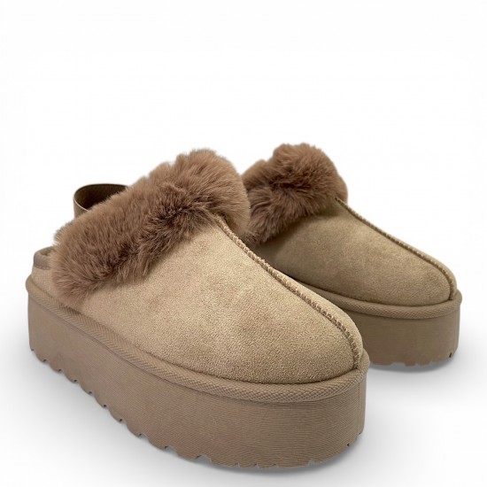 Γυναικείες Παντόφλες Πλατφόρμες με Γούνα & Λάστιχο–Μπέζ