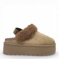 Γυναικείες Παντόφλες Πλατφόρμες με Γούνα & Λάστιχο–Μπέζ