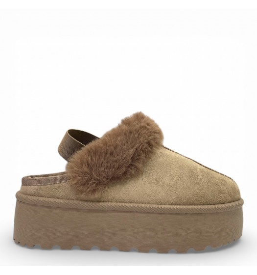 Women’s Faux Fur Platform Slippers with Elastic Back Strap–Beige