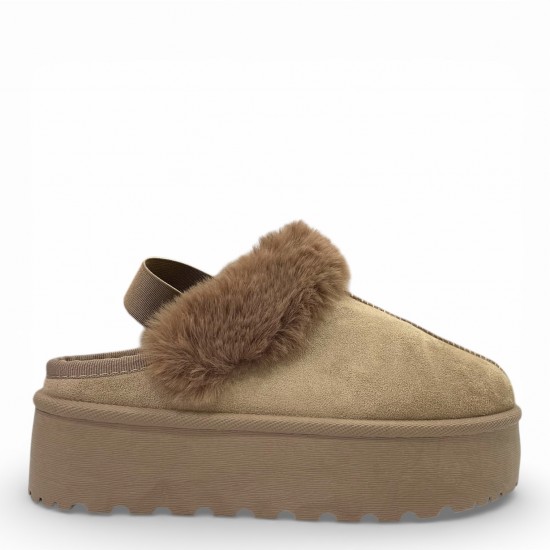 Γυναικείες Παντόφλες Πλατφόρμες με Γούνα & Λάστιχο–Μπέζ