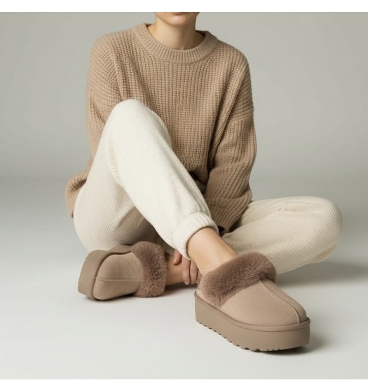 Women’s Faux Fur Platform Slippers with Elastic Back Strap–Beige