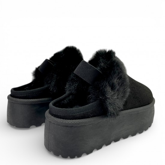 Γυναικείες Παντόφλες Πλατφόρμες με Γούνα & Λάστιχο–Μαύρο 