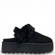 Γυναικείες Παντόφλες Πλατφόρμες με Γούνα & Λάστιχο–Μαύρο 