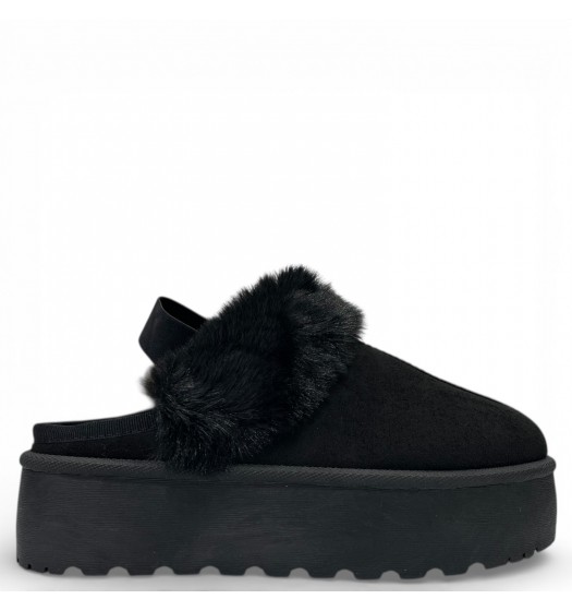 Women’s Faux Fur Platform Slippers with Elastic Back Strap–Black
