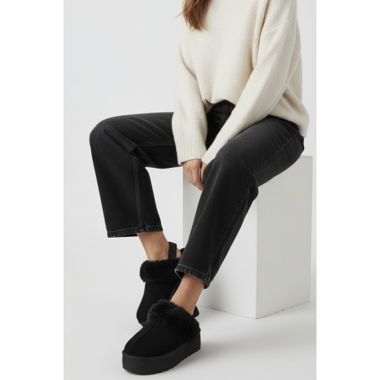 Γυναικείες Παντόφλες Πλατφόρμες με Γούνα & Λάστιχο–Μαύρο 