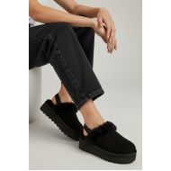 Γυναικείες Παντόφλες Πλατφόρμες με Γούνα & Λάστιχο–Μαύρο 