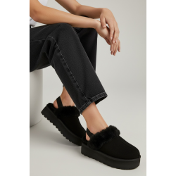 Γυναικείες Παντόφλες Πλατφόρμες με Γούνα & Λάστιχο–Μαύρο 