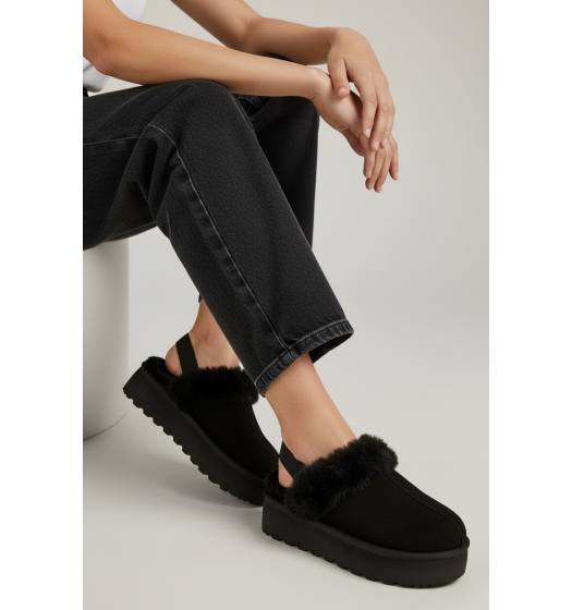 Women’s Faux Fur Platform Slippers with Elastic Back Strap–Black