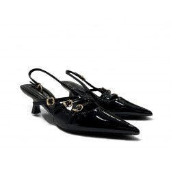 Black patent leather slingback pumps