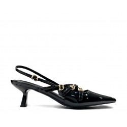 Black patent leather slingback pumps