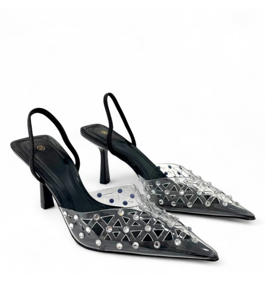 Slingback Γόβες με διαφάνεια και strass σε Μαύρο