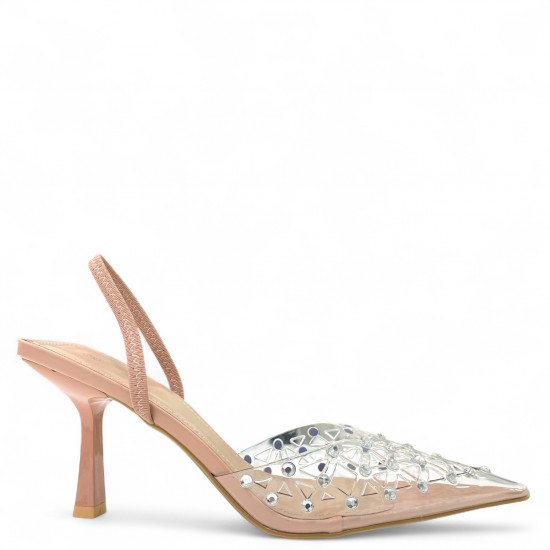Slingback Γόβες με διαφάνεια και strass σε Νude