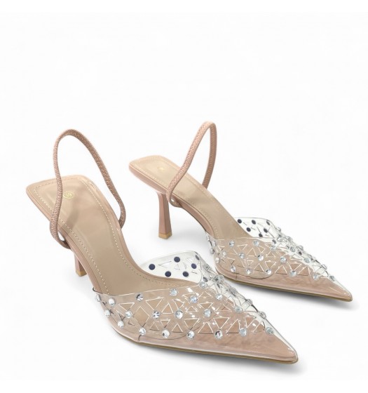 Slingback Γόβες με διαφάνεια και strass σε Νude