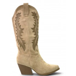 Γυναικείες Cowboy Μπότες Suede με Κέντημα – Μπεζ