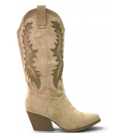 Γυναικείες Cowboy Μπότες Suede με Κέντημα – Μπεζ
