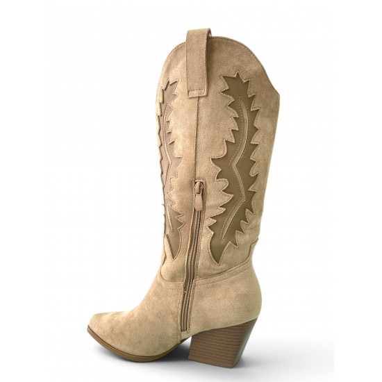 Γυναικείες Cowboy Μπότες Suede με Κέντημα – Μπεζ
