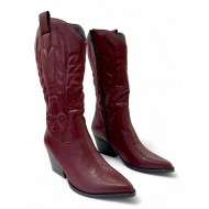 Μπορντό Cowboy Μπότα με Ανάγλυφα Σχέδια & Μυτερή Μύτη