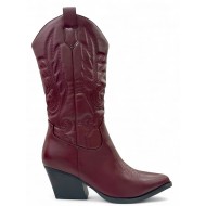 Μπορντό Cowboy Μπότα με Ανάγλυφα Σχέδια & Μυτερή Μύτη
