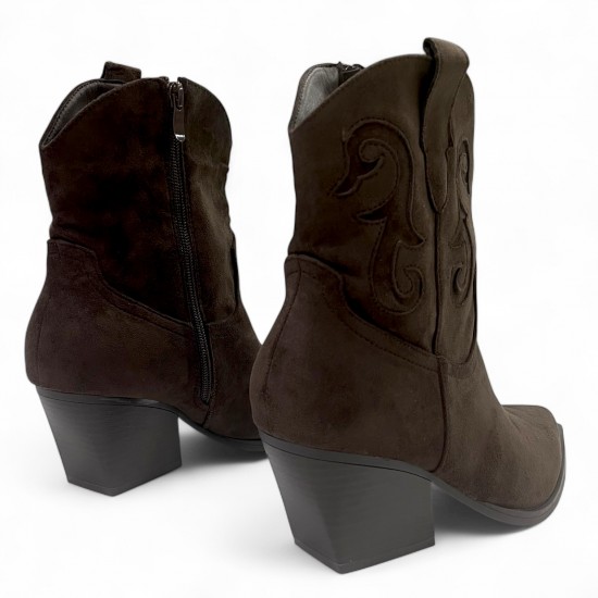 Καφέ Cowboy Μπoτάκι Suede με Τακούνι