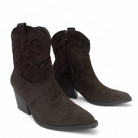 Καφέ Cowboy Μπoτάκι Suede με Τακούνι