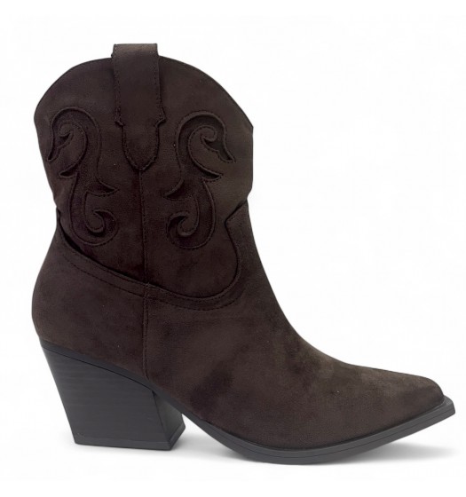 Καφέ Cowboy Μπoτάκι Suede με Τακούνι