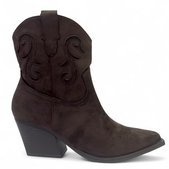 Καφέ Cowboy Μπoτάκι Suede με Τακούνι