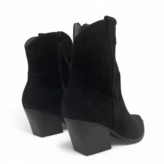 Μαύρο Cowboy Μπoτάκι Suede με Τακούνι