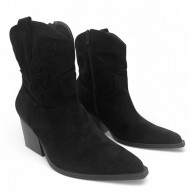 Μαύρο Cowboy Μπoτάκι Suede με Τακούνι