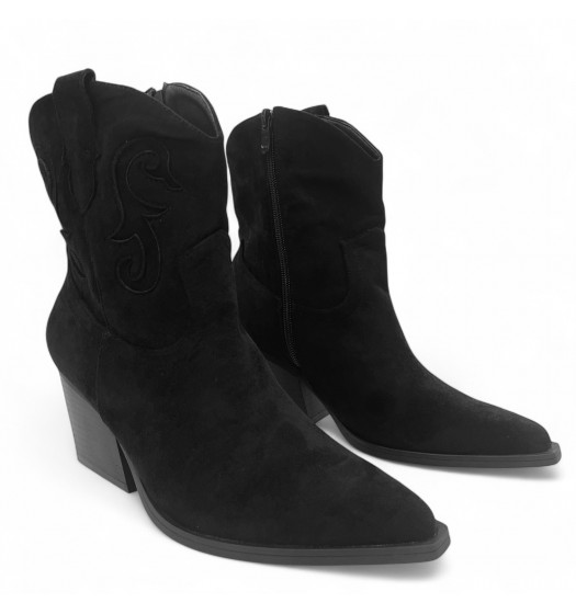 Μαύρο Cowboy Μπoτάκι Suede με Τακούνι