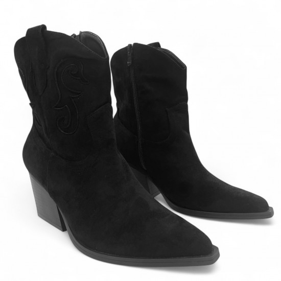 Μαύρο Cowboy Μπoτάκι Suede με Τακούνι