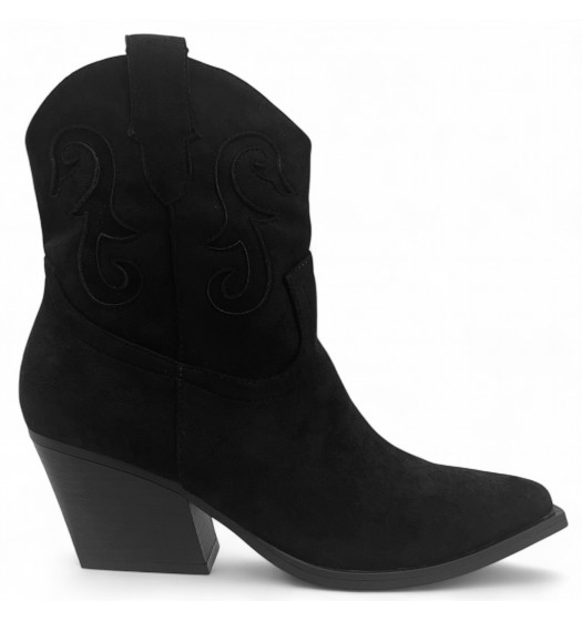 Μαύρο Cowboy Μπoτάκι Suede με Τακούνι