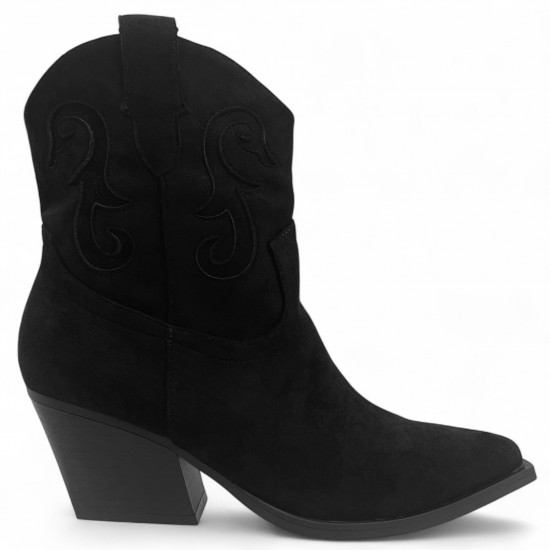 Μαύρο Cowboy Μπoτάκι Suede με Τακούνι