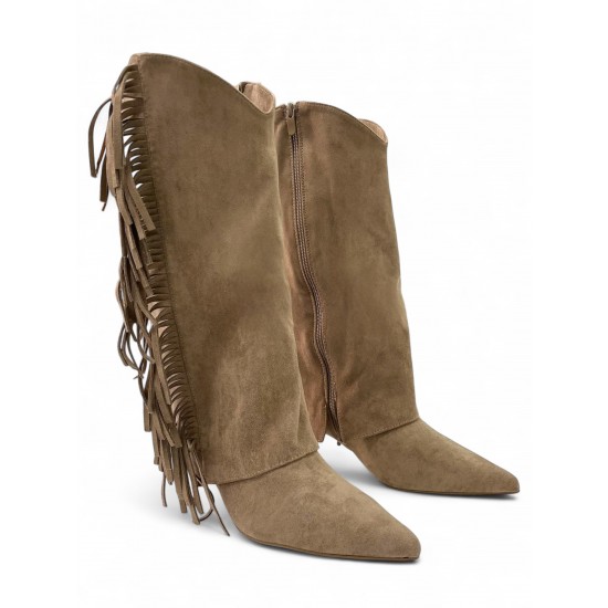 Μπέζ Suede Μπότα με Κρόσσια