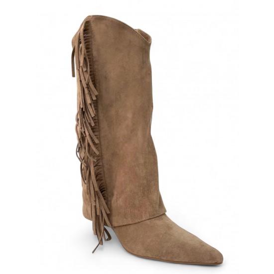 Μπέζ Suede Μπότα με Κρόσσια