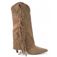 Μπέζ Suede Μπότα με Κρόσσια