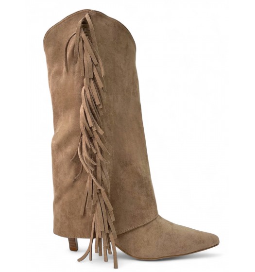 Μπέζ Suede Μπότα με Κρόσσια