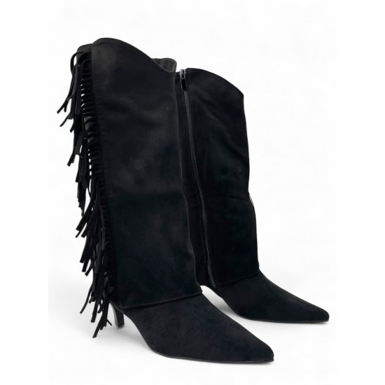 Μαύρη Suede Μπότα με Κρόσσια