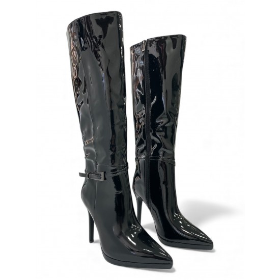 Μπότα Λουστρίνι Μαύρη Ψηλή με Τακούνι Στιλέτο και Διακοσμητικό Λουράκι
