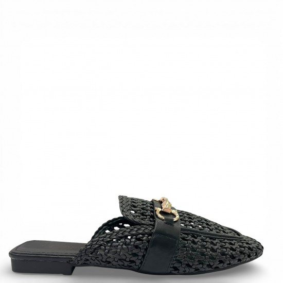 Γυναικεία Mules με Πλέξη και Μεταλλική Αγκράφα - Μαύρο