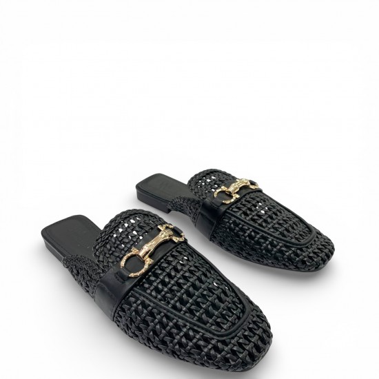 Γυναικεία Mules με Πλέξη και Μεταλλική Αγκράφα - Μαύρο