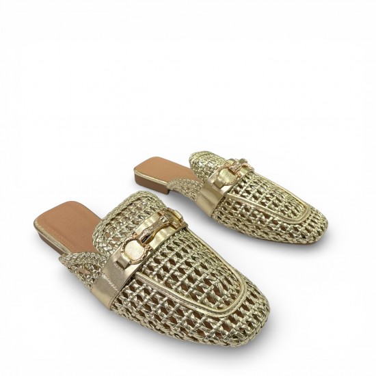 Γυναικεία Mules με Πλέξη και Μεταλλική Αγκράφα - Χρυσό