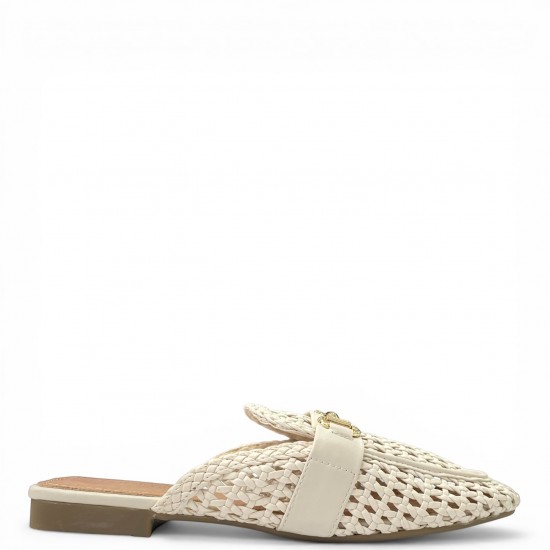 Γυναικεία Mules με Πλέξη και Μεταλλική Αγκράφα - Μπέζ