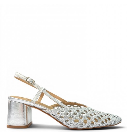 Γυναικείες Πλεκτές Slingback Γόβες με Χοντρό Τακούνι-Ασημί