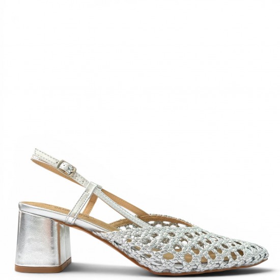Γυναικείες Πλεκτές Slingback Γόβες με Χοντρό Τακούνι-Ασημί